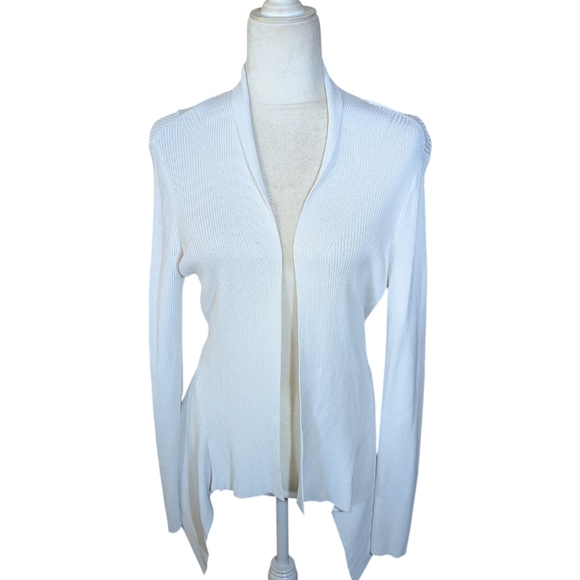 WHBM White Cardigan Ribbed Knit Open Front Hi Low preppy Classic Sz M - Picture 7 of 10